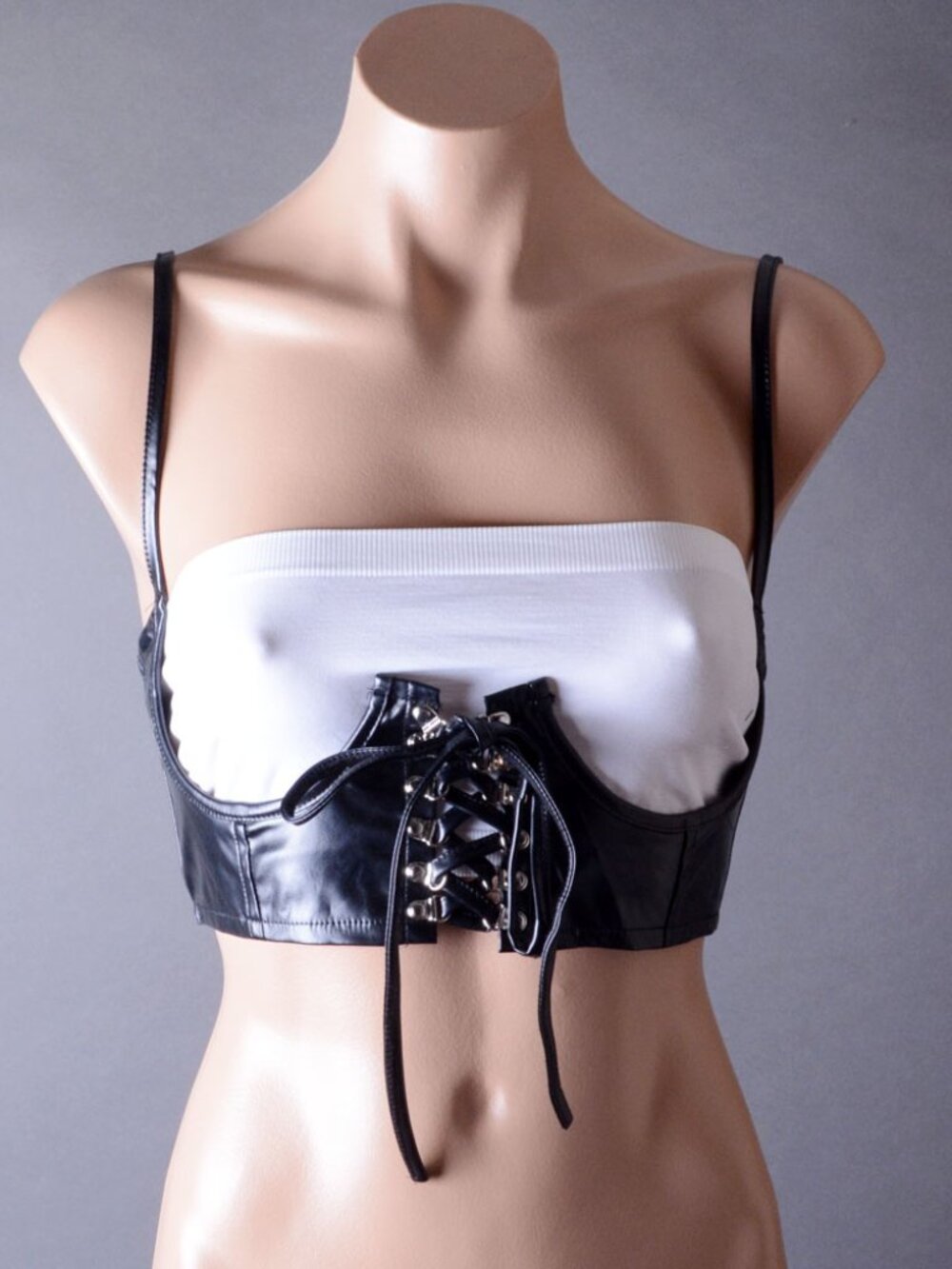 Black Gothic Faux Leather Corset Womens Lace Up Crop Top Punk Bustier Streetwear